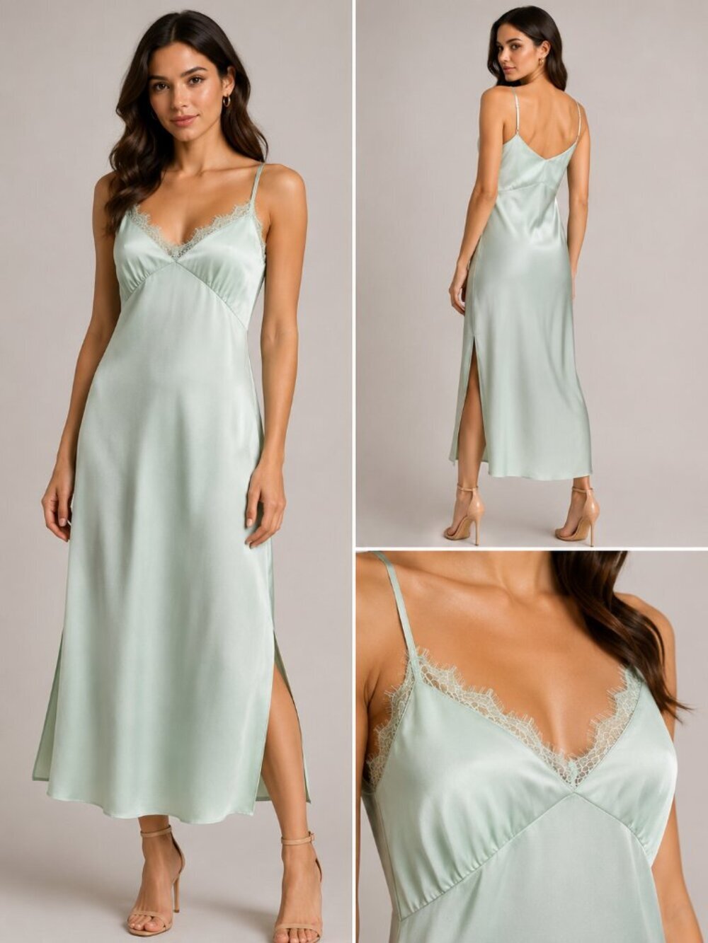Abound Satin Lace Trim Midi Slip Dress Mint Green Side Slits NWT Medium Size